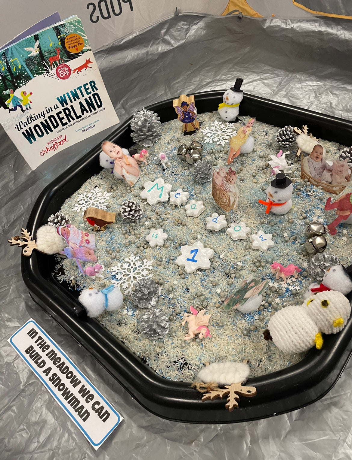 Winter-themed sensory tray themed around the book - Walking in a wonderland. With small world items that fir into the story. Personalised for a child's birthday
